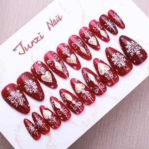 Reusable Press On Nail , Burgundy Bliss Winter Press On Nails, 20 Pieces Set