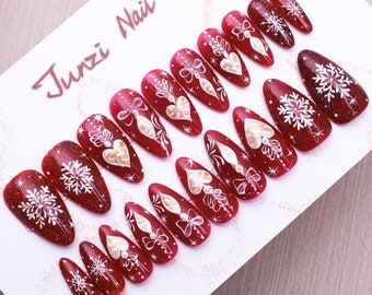 Uñas postizas reutilizables, color burdeos Bliss Winter, juego de 20 piezas