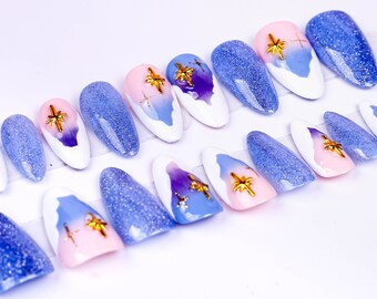 Handmade nails , Dreamy Blue Sky Glitter Cateye press on nail , Medium Stiletto nail , 20 pieces set including size S to L 060807