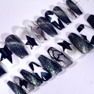 Handmade nails , Star Gala Glitter Cateye press on nail , Long Coffin nail , 20 pieces set including size S to L 061601