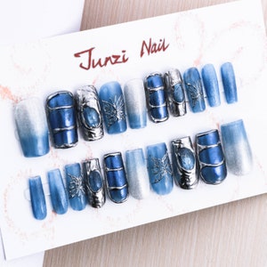 Handmade Press On Nails, 3D Midnight Azure Chrome Glitter Luxury Press on nails, Long Square, 20 pieces nail set 121901