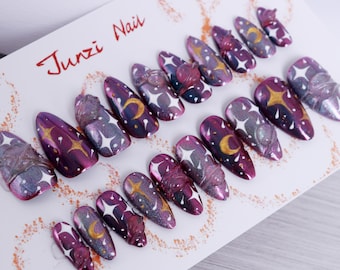 Cosmic Moon & Stars Press On Nails: Medium Almond, 20 Piece Set