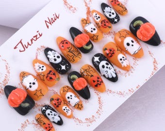 Handmade Halloween Press On Nails: 3D Pumpkin Party, Medium Almond Shape, 20-Set