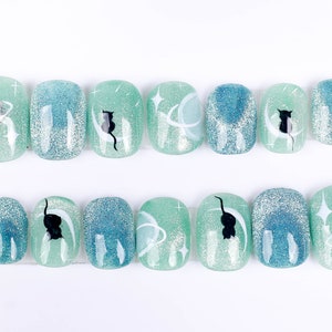 Handmade Press on Nail , Little cat star night mint green cateye Acrylic short round nails , 20 Pieces Multi-Style Set 061201