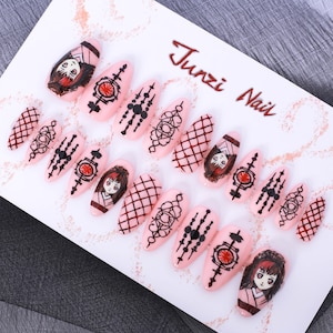 Handmade Nails, Nezuko&#39;s Grace press on nail, Medium Almond, carnival cosplay press on nail 24070501w