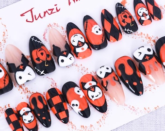 Handmade nail, Creepy Carnival Nightmare Press on nails, Medium Almond, 20 pieces set