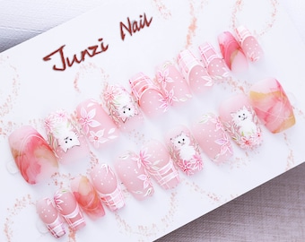 Handmade nail, Kitty Bloom Press on nails , Medium coffin, frosted matte finish, 20 pieces set