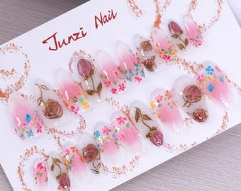 Handmade Pink Garden Bloom Press On Nails: Medium Almond, 20 Piece Set