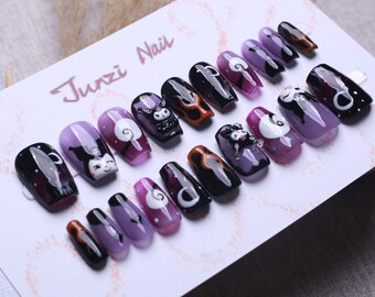 Handmade nails , Japanese Character Animate 3d Press on Nail , black purple , Medium Coffin , 20 pieces set including size S to L 100702