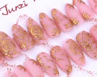 Reusable Press On Nail, Golden Blossom Luxe Press on Nail, Medium Almond, frosted matte finish, 20 Pieces Set