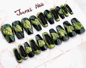 Handmade nails, Verdant Whisper Vines Glitter Press On Nail, Long Coffin nail, 20 pieces nail shape 090201