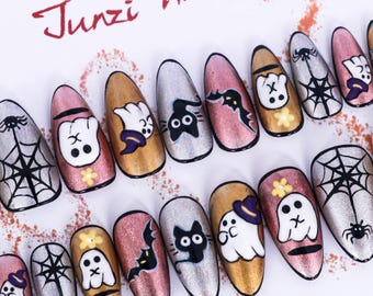 Handmade nail, Spooky Cuties Press on nails, Medium Almond, 20 pieces set
