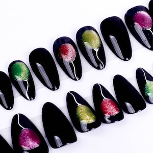 Handmade nails , Balloon Glitter press on nail , Short Oval nail , 20 pieces set including size S to L 061101