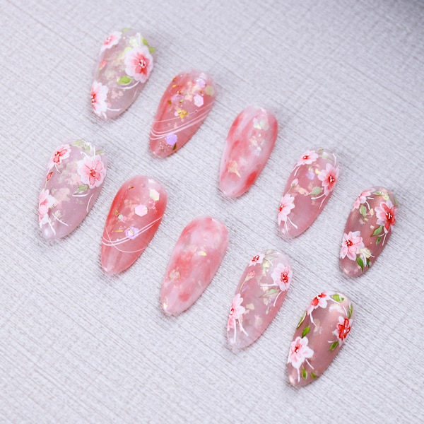 Reusable Press On Nail, Sakura Springtime Serenade Press On Nails, Medium Almond Nail , 20 Pieces Set 24022701