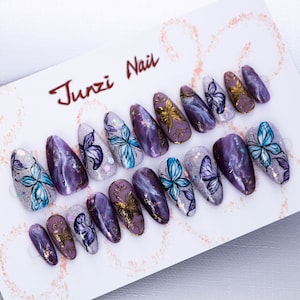 Handmade nails, Lavender Lepidoptera Press on Nail , Medium Almond, 20 Piece Nail Set 24031101