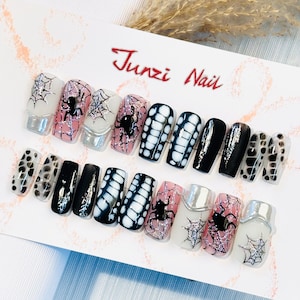 Handmade press on nail , Tortoiseshell Spider net glitter 3d press on nail , Medium Coffin , 20 pieces set 082301