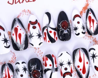 Halloween Press On Nails: Gothic Carnival of Shadows, Almond Medium (20 Piece Set)