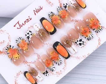 Handmade Wild Safari Sunset Press On Nails: Long Coffin, 20 Piece Set