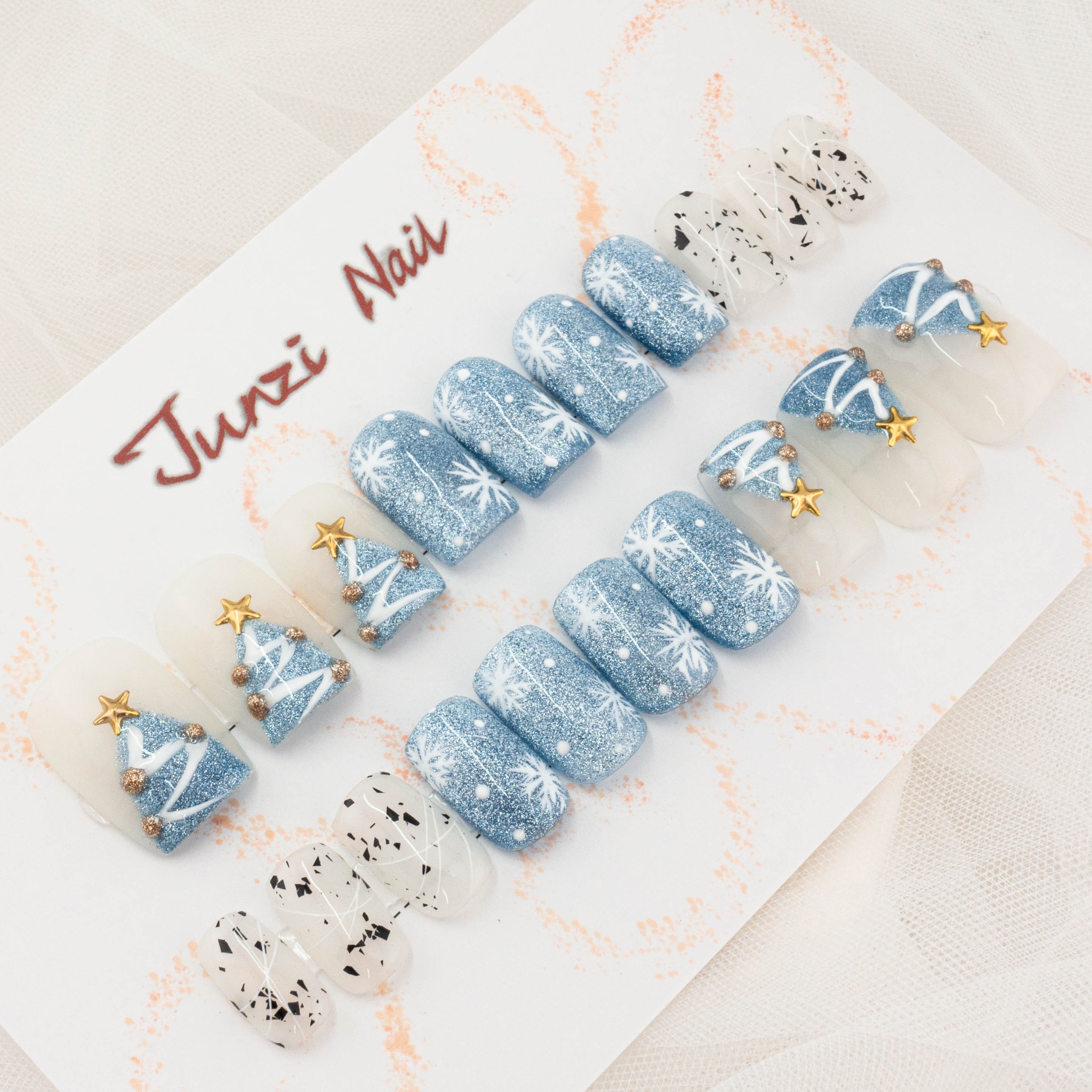Reusable Press On Nail , Winter Whisper Sparkle glitter Press On Nails , Medium Coffin Nail , 20 Pieces Set 080104