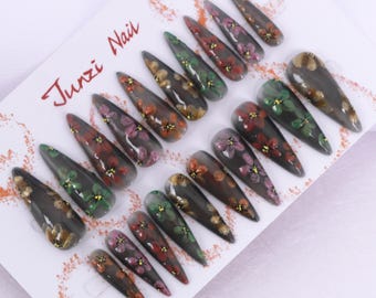 Handmade Matte Flower Press On Nails: Long Stiletto, 20 Piece Set