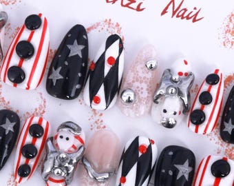 Handmade Halloween Press On Nails: 3D Clown & Harlequin, Medium Almond Shape, 20-Set