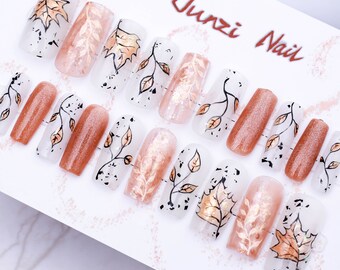 Reusable Press On Nail , Autumn Whisper Glitter Handmade Press on Nail, long Square, 20 Pieces Set 102403