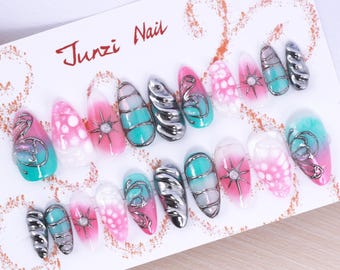 Handmade Cyber Pop Candy Swirl Press On Nails: Medium Almond, 20 Piece Set