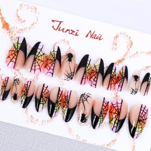 Reusable Press On Nail, Spooky Sunset Web Press On Nail , Medium Almond, 20 Pieces set 24082701