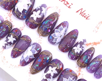 Reusable Press On Nail , Lilac Luxe Garden glitter Press On Nails , Medium Almond Nail , 20 Pieces Set
