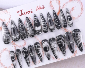 Handmade Gothic Marble Press On Nails: Long Stiletto, Black & White, 20 Piece Set