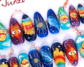 Handmade Press On Nails: Calcifer, Medium Almond, 20 pieces set