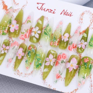 Uñas hechas a mano, diseño de jardín de primavera de oliva, uña larga de aguja, 20 piezas