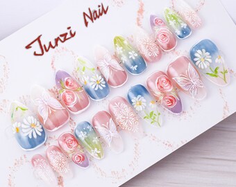 Handmade Floral Press On Nails: Enchanted Garden Gala, Medium Almond, 20 Piece Set