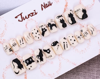 Handmade nail , Neko Kawaii Paws Press on nails , Short Round, 20 pieces set