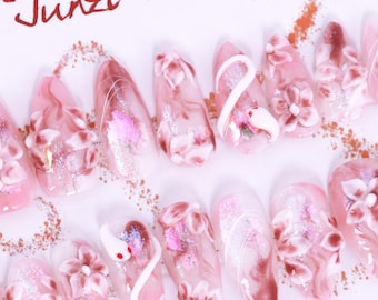 Handmade Blush Swan Garden Press On Nails: Medium Almond Set, 20 Pieces