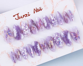 Reusable Press On Nail, Lavender Butterfly Whispers Glitter Handmade Press on Nail, Medium Almond, 20 Pieces Set