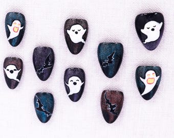 Handmade nail, Glow Ghost & Bat Press on nails, Short Almond, 20 pieces set