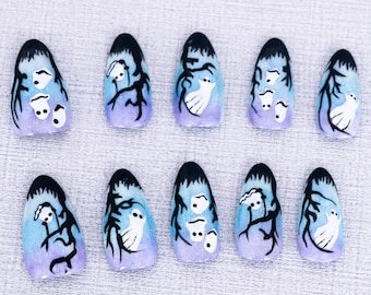 Handmade nail, Haunted Twilight Press on nails, Medium Almond, 20 pieces set