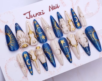 Reusable Press On Nail , Celestial of Sun And Stars Press On Nails , Long Stiletto Nail , 20 Pieces set 101401