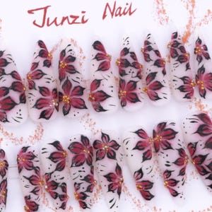 Handmade nails, Burgundy Floral Press On Nail, Long Stiletto Nail, 20 pieces nail