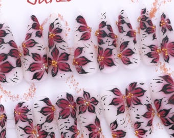 Handmade Burgundy Floral Press On Nails: Long Stiletto, 20 Piece Set