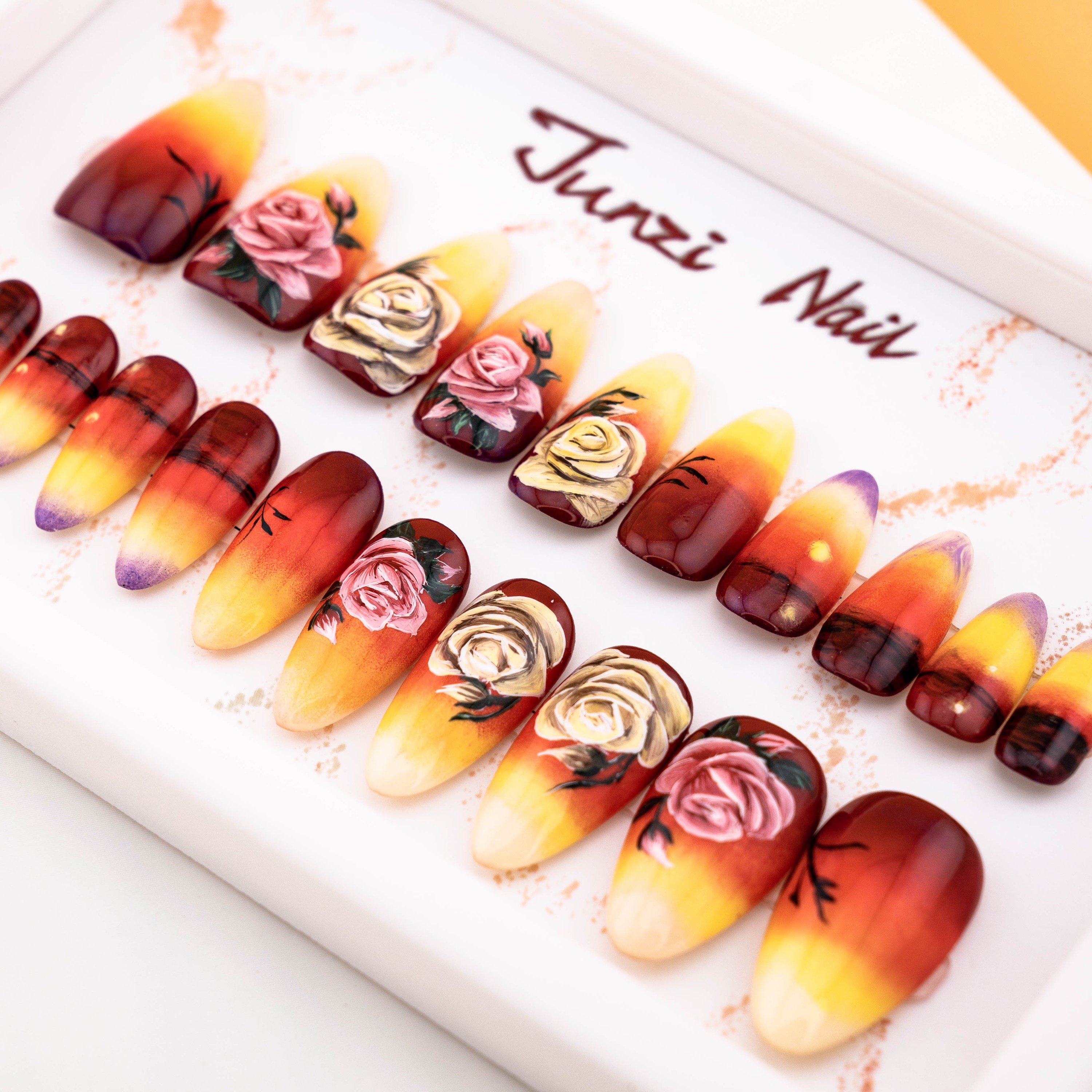 Reusable Press On Nail, Sunset Rose Press on Nail, Medium Almond, 20 Pieces Set 24053001w