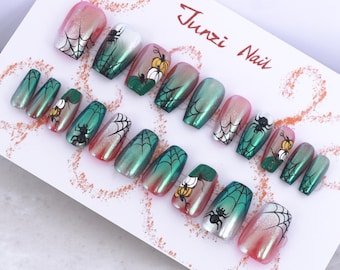 Handmade nail, Enchanted Pumpkin Web Press on nails, Medium Coffin, 20 pieces set