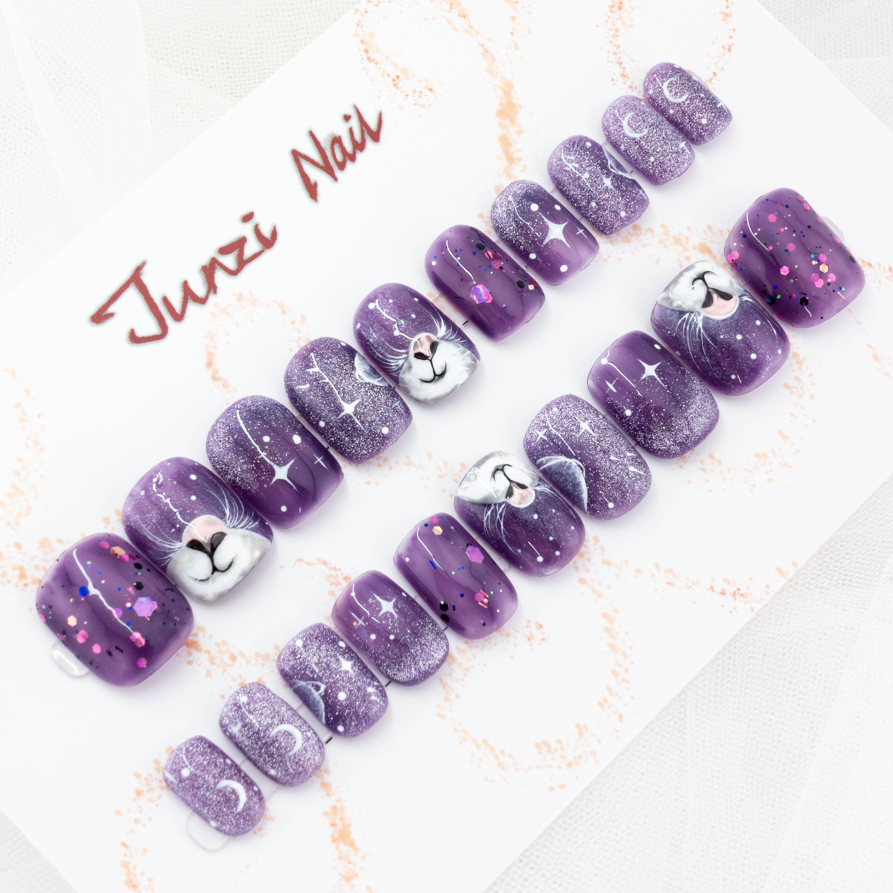 Reusable Press On Nail , Purple Glitter Cats On Nails , short square Nail , 20 Pieces Multi-Style Set 110604