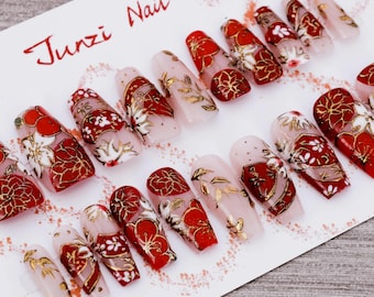 Uñas postizas hechas a mano, uñas postizas Regal New Year, juego de 20 piezas
