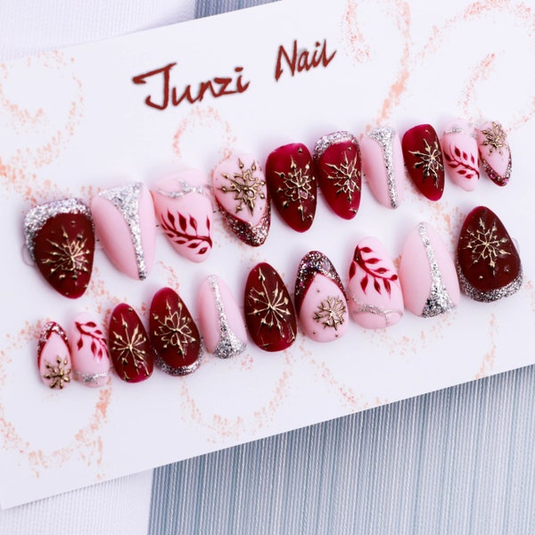 Reusable Press On Nail , Velvet Snowfall Romance Press On Nails , Short Almond , 20 Pieces Set 122401