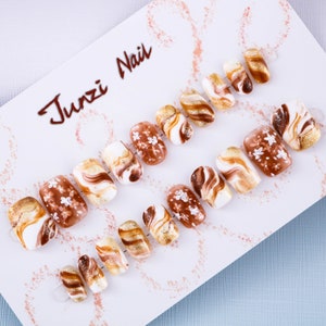 Reusable Press On Nail, Caramel Mocha Sakura Handmade Press on Nail,  Short Round 20 Pieces Set 24020803