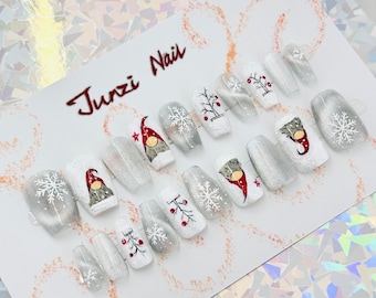 Uñas postizas reutilizables, uñas postizas plateadas con purpurina de Papá Noel, uñas acrílicas, uñas de ataúd medianas, juego de 20 piezas de varios estilos 110902