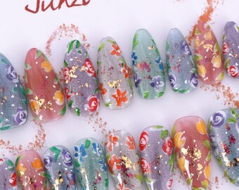 Handmade Garden Lace Press On Nails: Medium Almond, 20 Piece Set