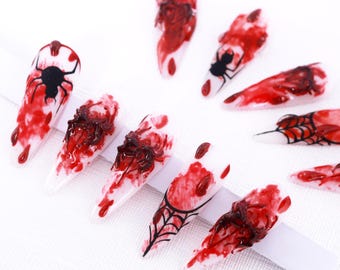 Handmade Halloween Press On Nails: Blood Web Horror - 20 Piece Set, Long Stiletto Shape